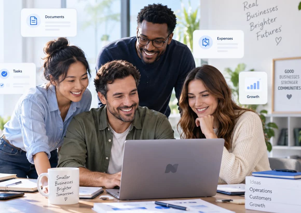 Small business team working together around a laptop with documents, tasks, expenses and growth cards nearby.