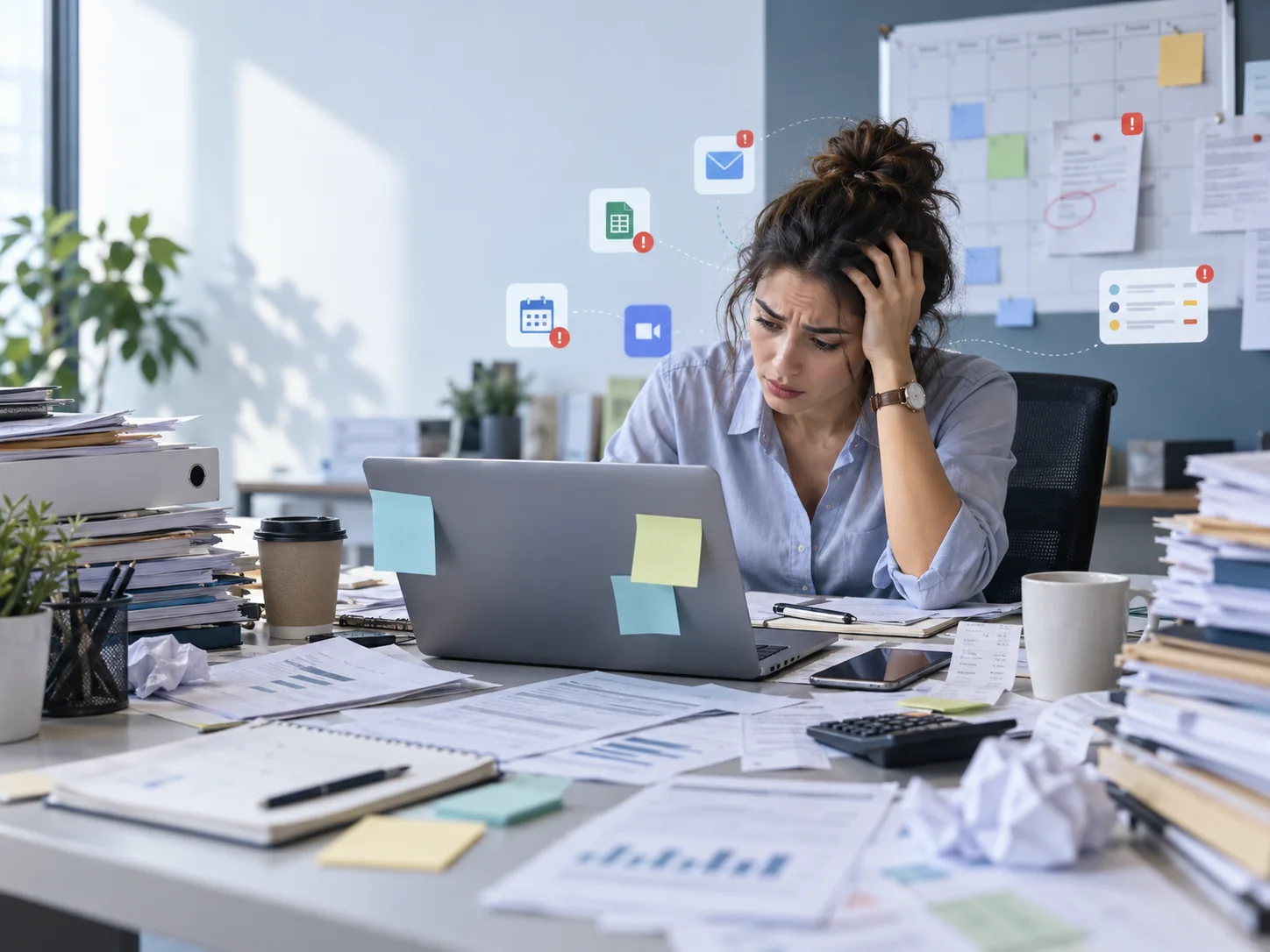 Small business professional overwhelmed by paperwork, spreadsheets, invoices and administrative tasks.