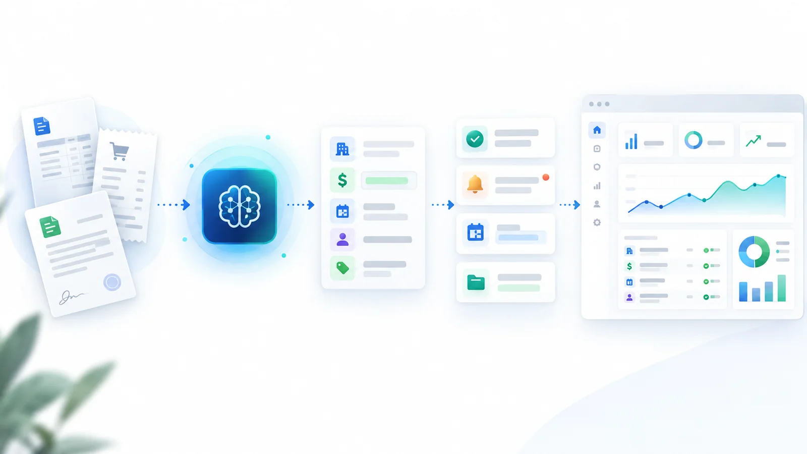 Workflow showing documents entering Napdav AI and becoming organized records, reminders, tasks and business insights.