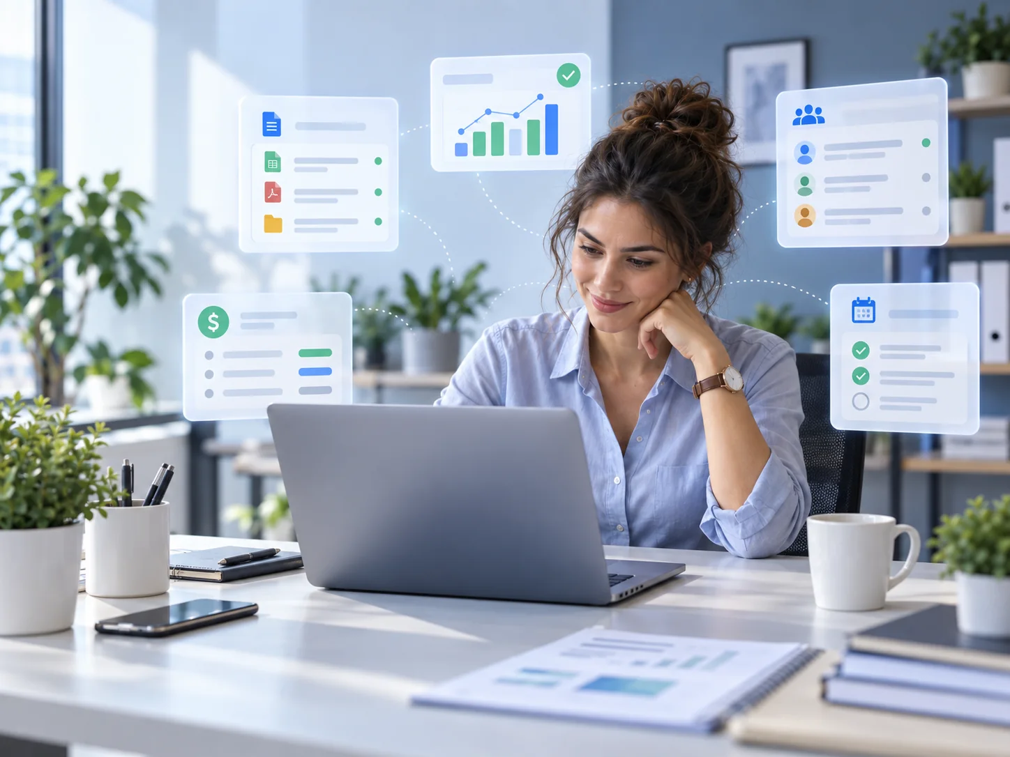 Business owner using an organized AI-powered workspace for documents, expenses, employees and tasks.